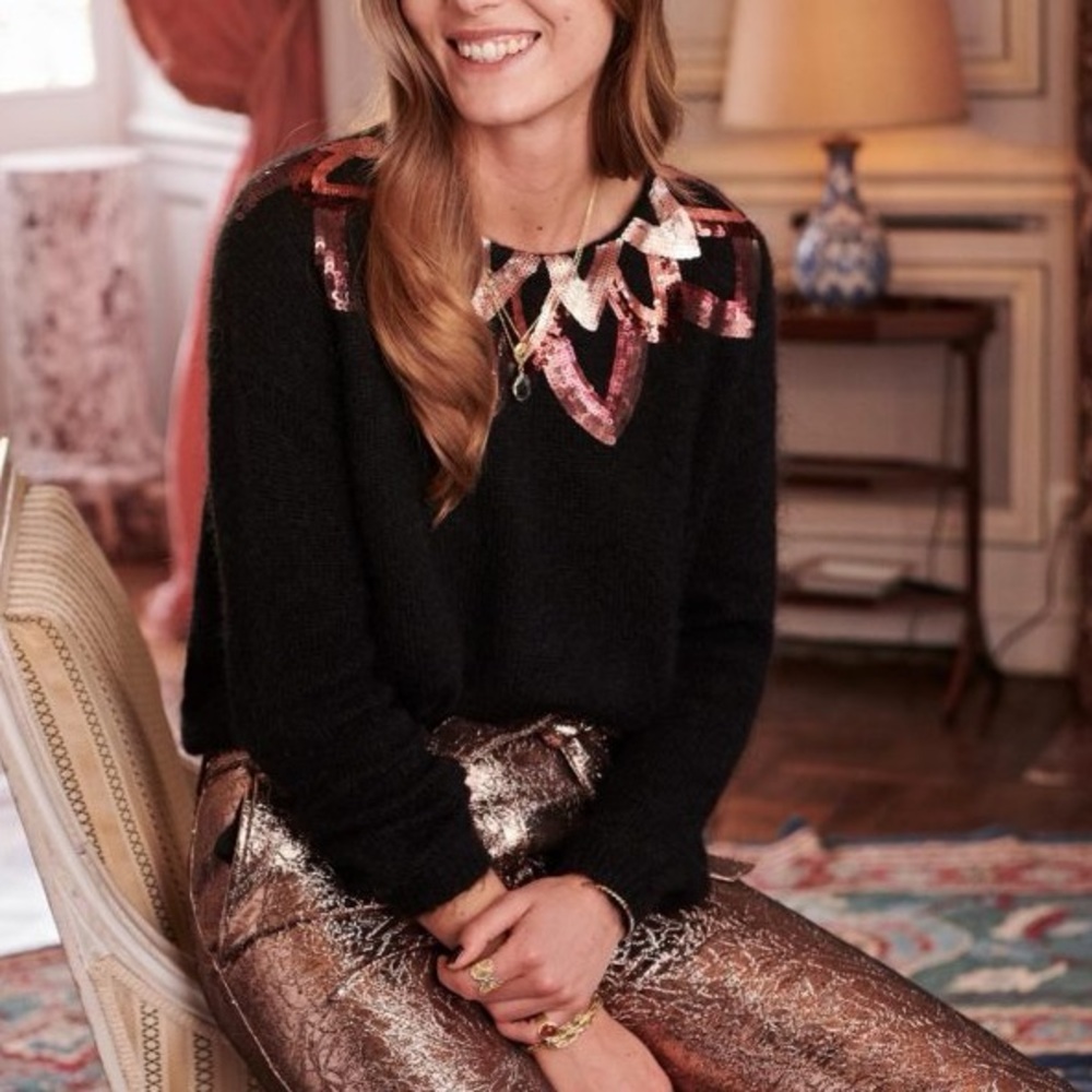 Sezane Kid Mohair Wool Embellished Sequin Scoop Neck Sweater